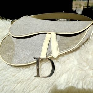 Vintage Christian Dior Gray Canvas Saddle Pochette Bag